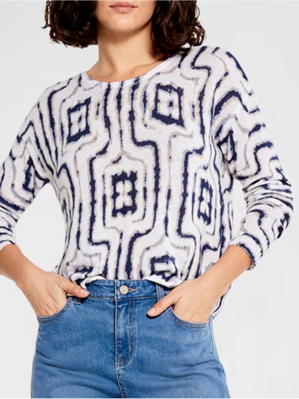 NIC+ZOE Geometric Print Long-Sleeve Top in White and Navy